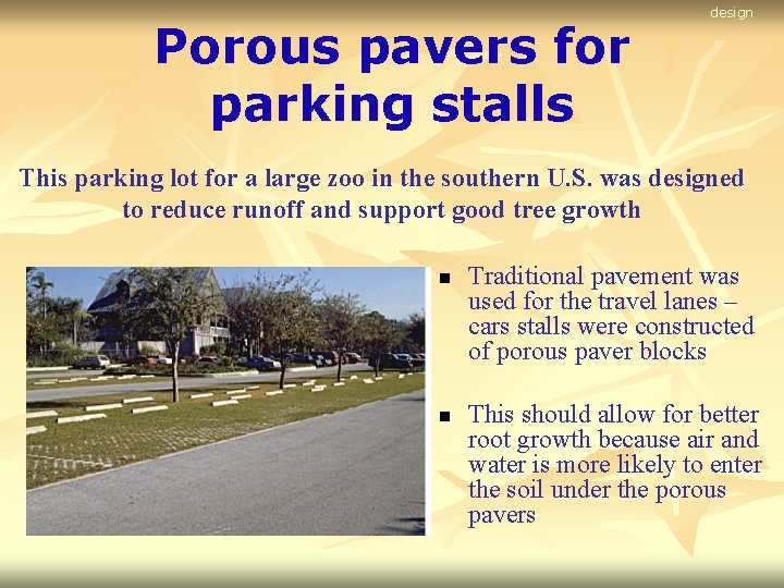 Porous pavers for parking stalls design This parking lot for a large zoo in