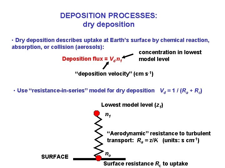 DEPOSITION PROCESSES: dry deposition • Dry deposition describes uptake at Earth’s surface by chemical
