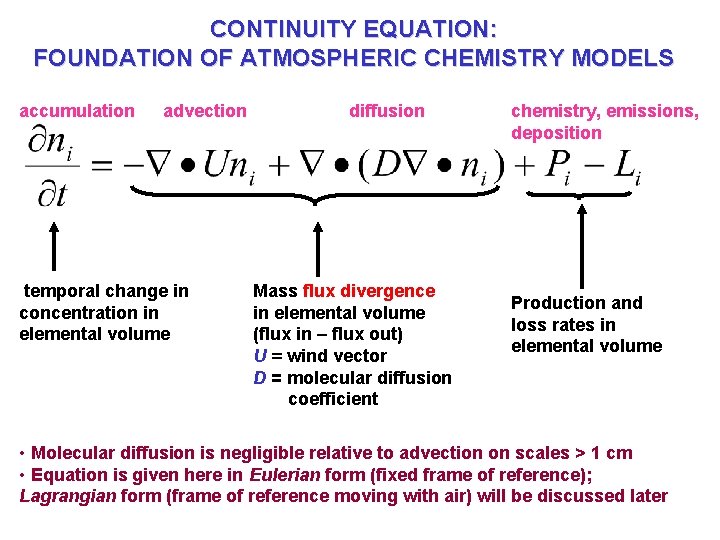 CONTINUITY EQUATION: FOUNDATION OF ATMOSPHERIC CHEMISTRY MODELS accumulation advection temporal change in concentration in