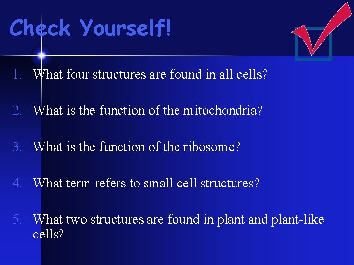 Check Yourself! 1. What four structures are found in all cells? 2. What is