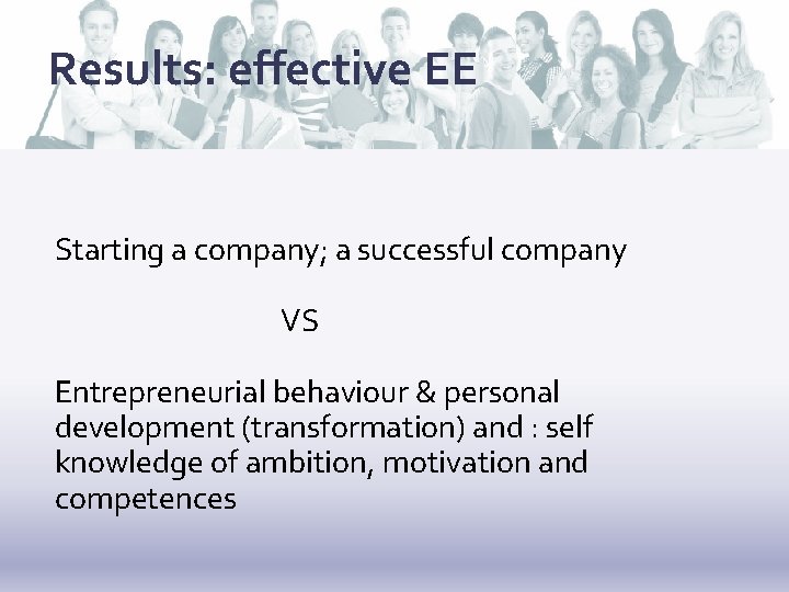 Results: effective EE Starting a company; a successful company VS Entrepreneurial behaviour & personal