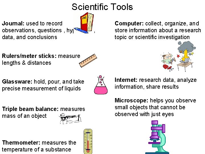 Scientific Tools Journal: used to record observations, questions , hypothesis, data, and conclusions Computer: