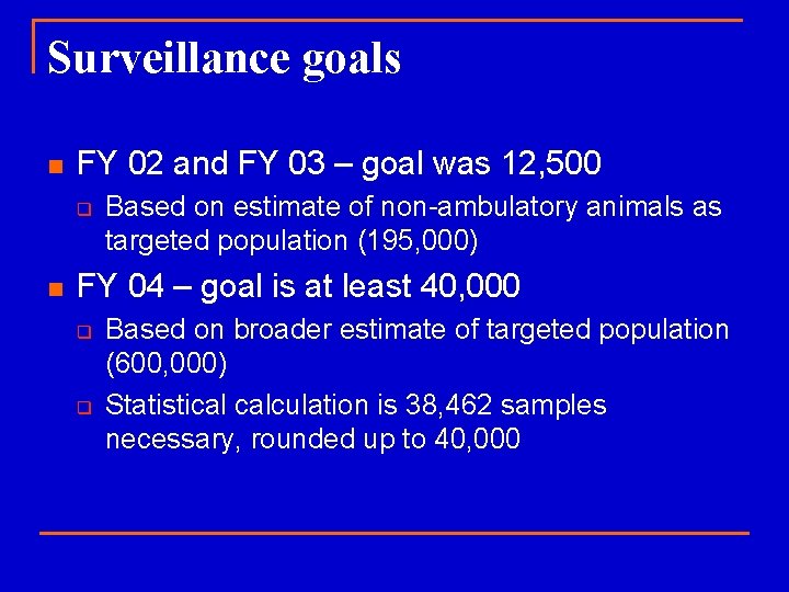 Surveillance goals n FY 02 and FY 03 – goal was 12, 500 q