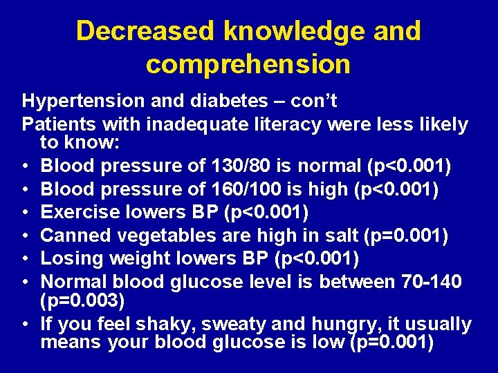 Decreased knowledge and comprehension Hypertension and diabetes – con’t Patients with inadequate literacy were