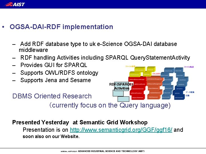  • OGSA-DAI-RDF implementation – Add RDF database type to uk e-Science OGSA-DAI database