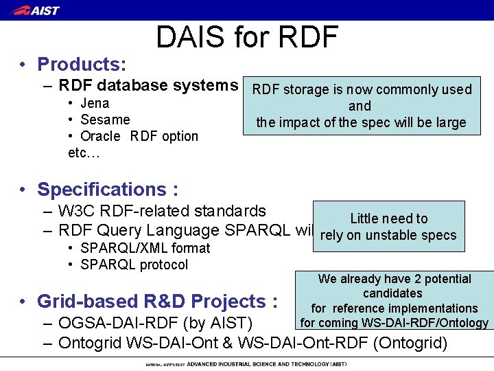  • Products: DAIS for RDF – RDF database systems RDF storage is now