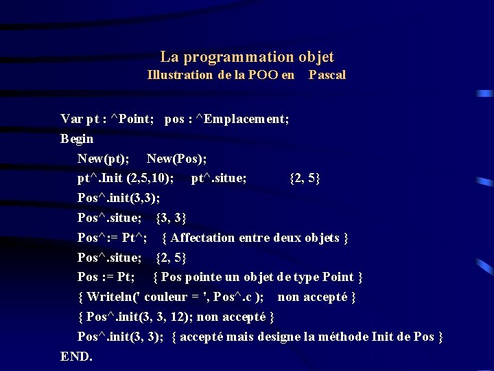 La programmation objet Illustration de la POO en Pascal Var pt : ^Point; pos