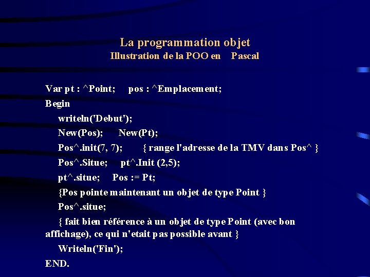 La programmation objet Illustration de la POO en Pascal Var pt : ^Point; pos