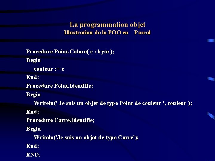 La programmation objet Illustration de la POO en Pascal Procedure Point. Colore( c :