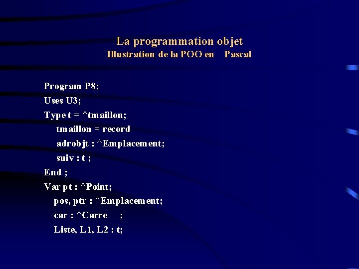 La programmation objet Illustration de la POO en Program P 8; Uses U 3;