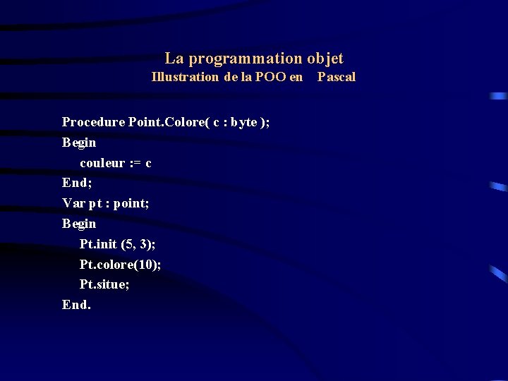 La programmation objet Illustration de la POO en Procedure Point. Colore( c : byte