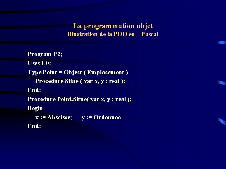 La programmation objet Illustration de la POO en Program P 2; Uses U 0;