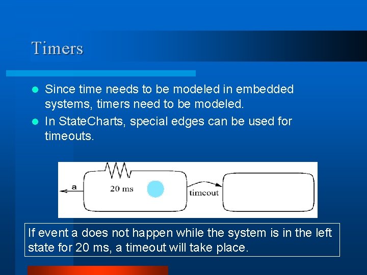Timers Since time needs to be modeled in embedded systems, timers need to be
