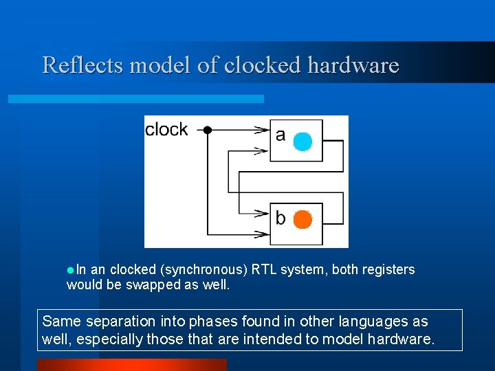 Reflects model of clocked hardware l. In an clocked (synchronous) RTL system, both registers