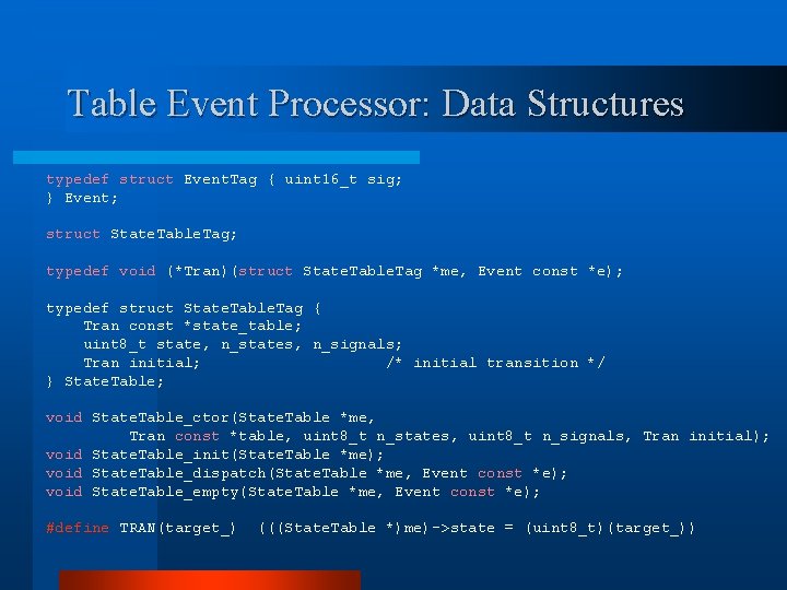 Table Event Processor: Data Structures typedef struct Event. Tag { uint 16_t sig; }