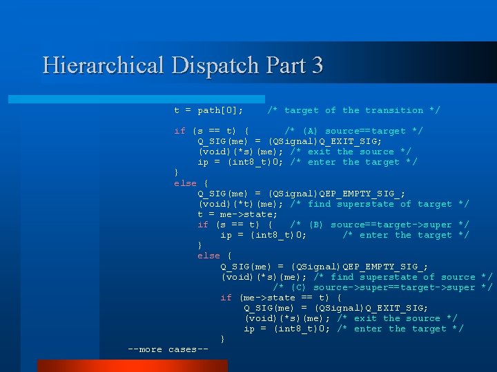 Hierarchical Dispatch Part 3 t = path[0]; /* target of the transition */ if