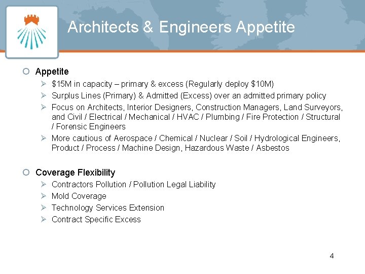 Architects & Engineers Appetite ¡ Appetite Ø $15 M in capacity – primary &