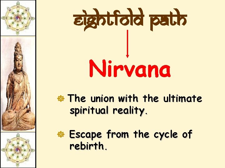 Eightfold Path Nirvana ] The union with the ultimate spiritual reality. ] Escape from