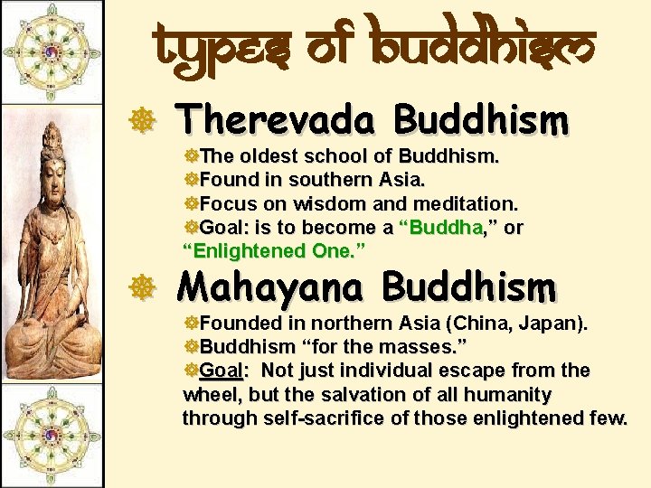 Types of Buddhism ] Therevada Buddhism ]The oldest school of Buddhism. ]Found in southern