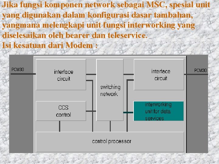 Jika fungsi komponen network sebagai MSC, spesial unit yang digunakan dalam konfigurasi dasar tambahan,