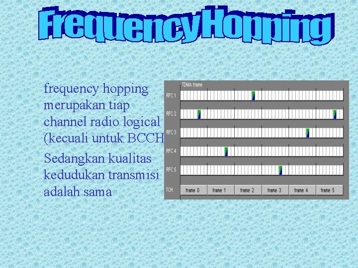 frequency hopping merupakan tiap channel radio logical (kecuali untuk BCCH). Sedangkan kualitas kedudukan transmisi