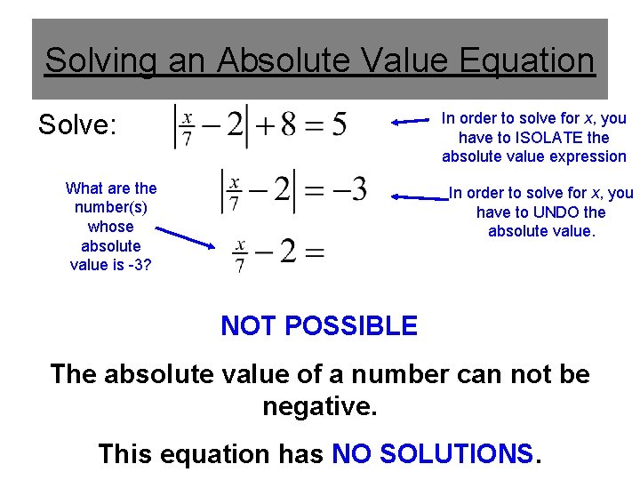 Solving an Absolute Value Equation Solve: In order to solve for x, you have