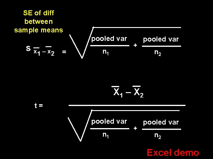 SE of diff between sample means pooled var s x 1 – x 2