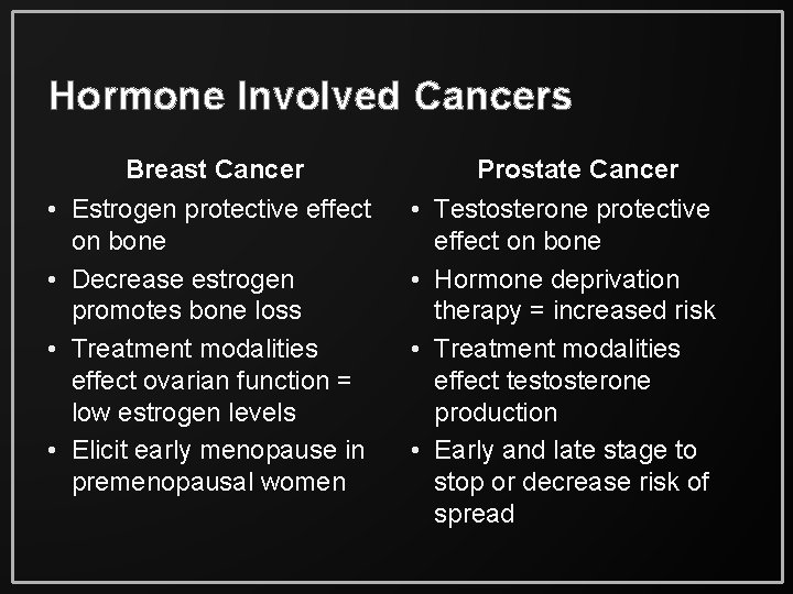 Hormone Involved Cancers Breast Cancer • Estrogen protective effect on bone • Decrease estrogen