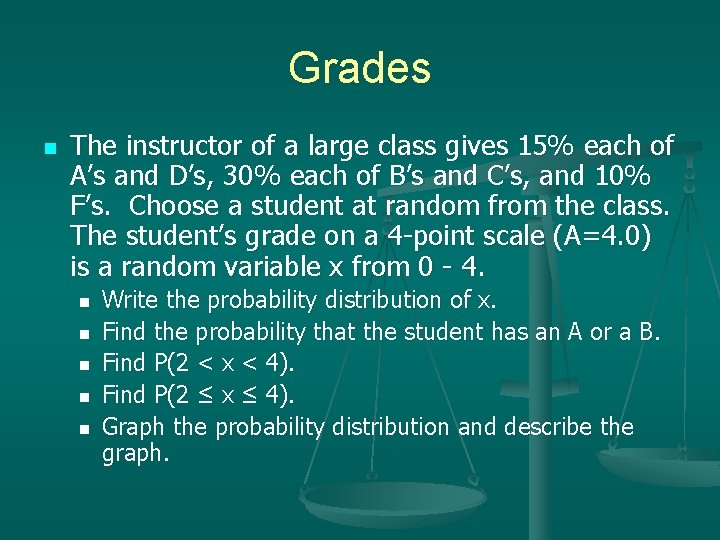 Grades n The instructor of a large class gives 15% each of A’s and Grades n The instructor of a large class gives 15% each of A’s and