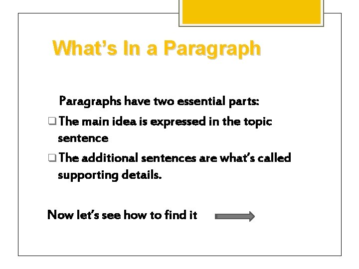 What’s In a Paragraphs have two essential parts: q The main idea is expressed