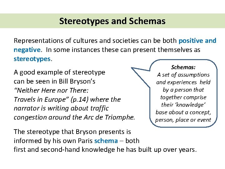 Stereotypes and Schemas Representations of cultures and societies can be both positive and negative. Stereotypes and Schemas Representations of cultures and societies can be both positive and negative.