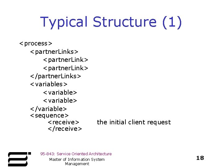 Typical Structure (1) <process> <partner. Link> </partner. Links> <variable> </variable> <sequence> <receive> </receive> the