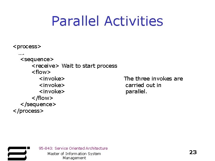 Parallel Activities <process> …. <sequence> <receive> Wait to start process <flow> <invoke> </flow> </sequence>