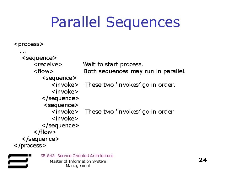 Parallel Sequences <process> …. <sequence> <receive> <flow> <sequence> <invoke> </sequence> </flow> </sequence> </process> Wait