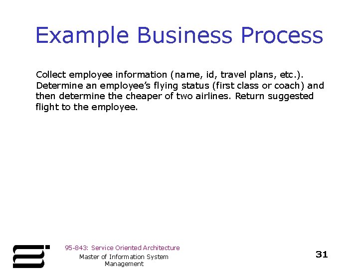 Example Business Process Collect employee information (name, id, travel plans, etc. ). Determine an