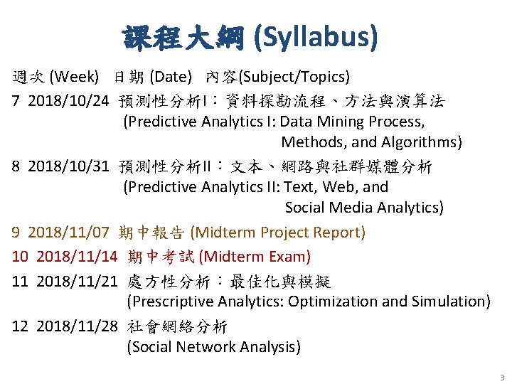 課程大綱 (Syllabus) 週次 (Week) 日期 (Date) 內容(Subject/Topics) 7 2018/10/24 預測性分析I：資料探勘流程、方法與演算法 (Predictive Analytics I: Data