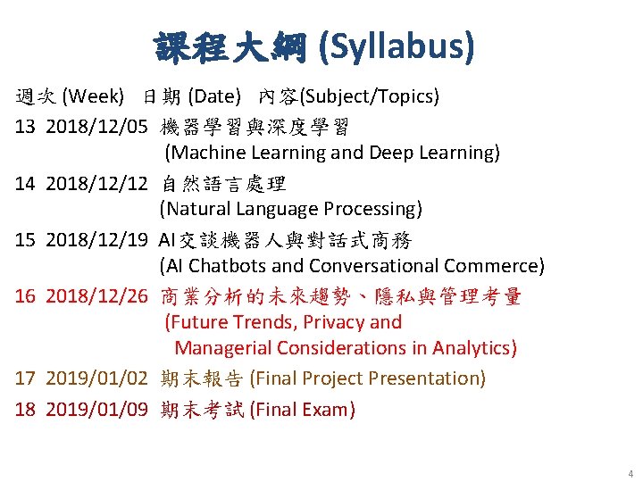 課程大綱 (Syllabus) 週次 (Week) 日期 (Date) 內容(Subject/Topics) 13 2018/12/05 機器學習與深度學習 (Machine Learning and Deep