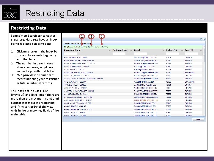 Restricting Data Some Smart Search consoles that show large data sets have an index
