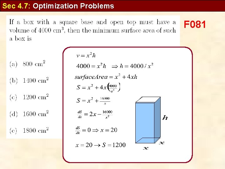 Sec 4. 7: Optimization Problems F 081 