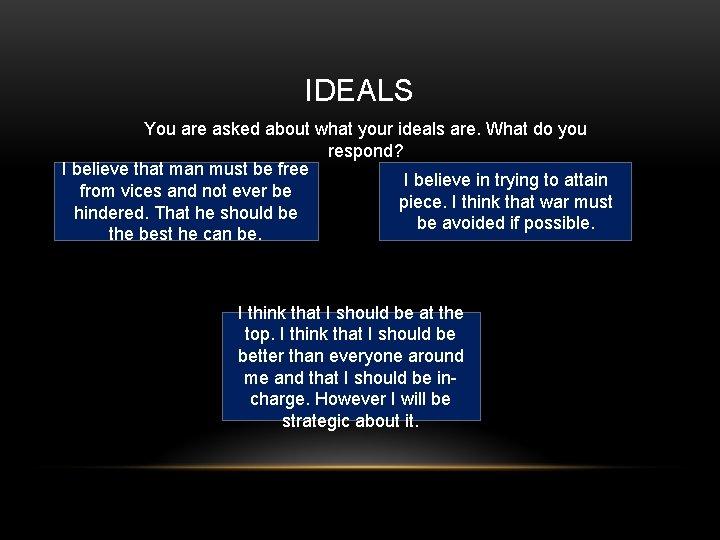 IDEALS You are asked about what your ideals are. What do you respond? I