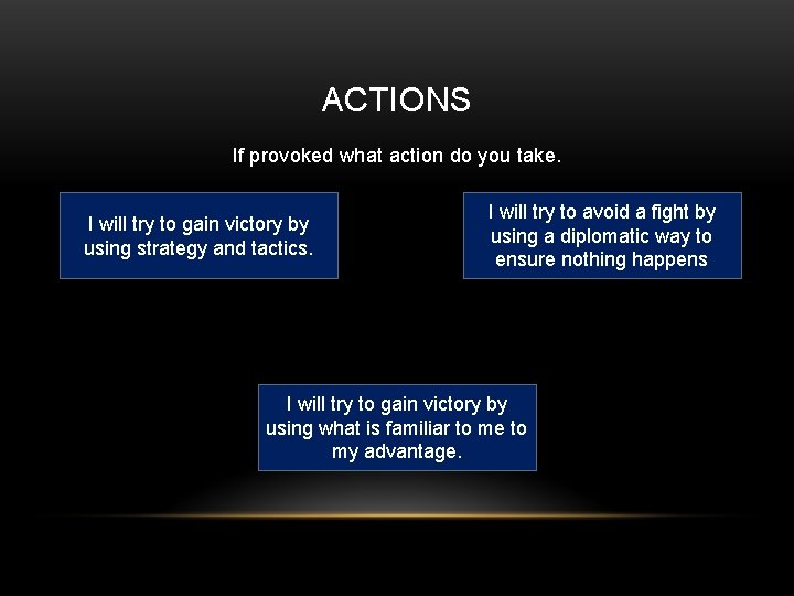 ACTIONS If provoked what action do you take. I will try to gain victory