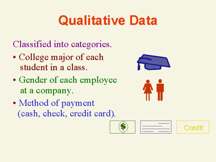 Qualitative Data Classified into categories. • College major of each student in a class. Qualitative Data Classified into categories. • College major of each student in a class.