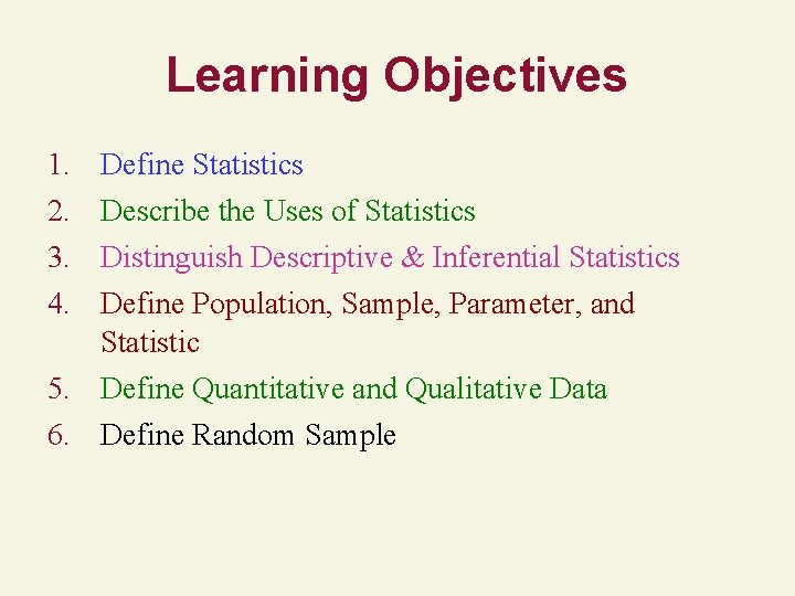 Learning Objectives 1. 2. 3. 4. Define Statistics Describe the Uses of Statistics Distinguish Learning Objectives 1. 2. 3. 4. Define Statistics Describe the Uses of Statistics Distinguish