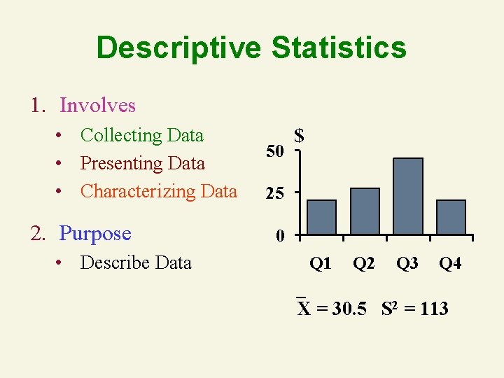 Descriptive Statistics 1. Involves • Collecting Data • Presenting Data • Characterizing Data 2. Descriptive Statistics 1. Involves • Collecting Data • Presenting Data • Characterizing Data 2.