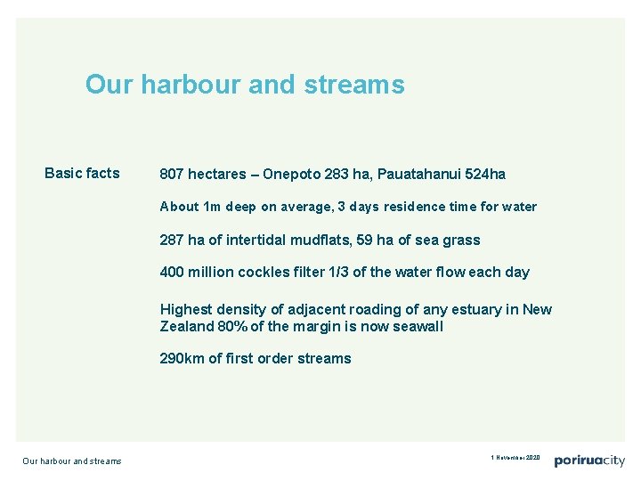 Our harbour and streams Basic facts 807 hectares – Onepoto 283 ha, Pauatahanui 524