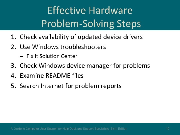 Effective Hardware Problem-Solving Steps 1. Check availability of updated device drivers 2. Use Windows
