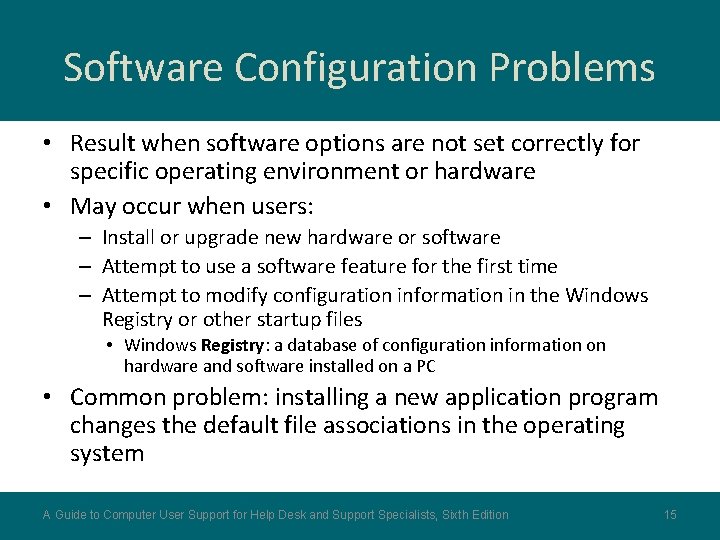 Software Configuration Problems • Result when software options are not set correctly for specific