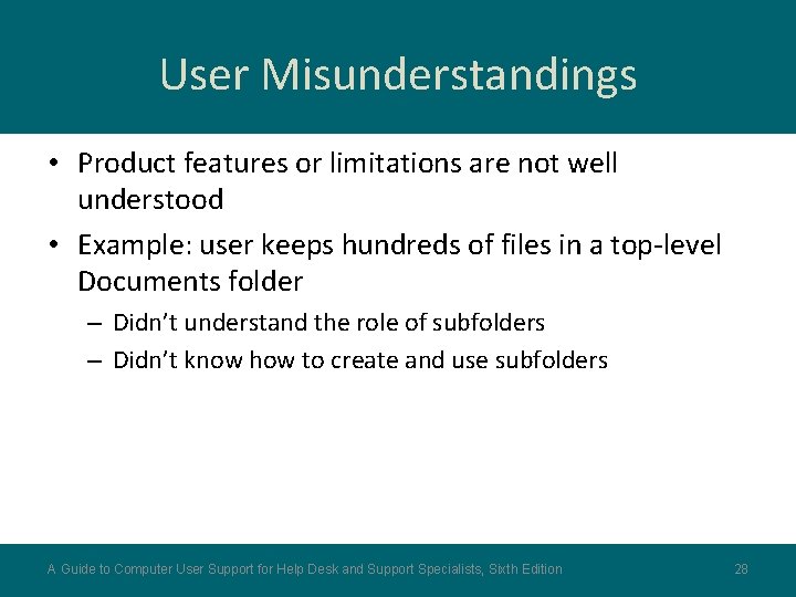User Misunderstandings • Product features or limitations are not well understood • Example: user