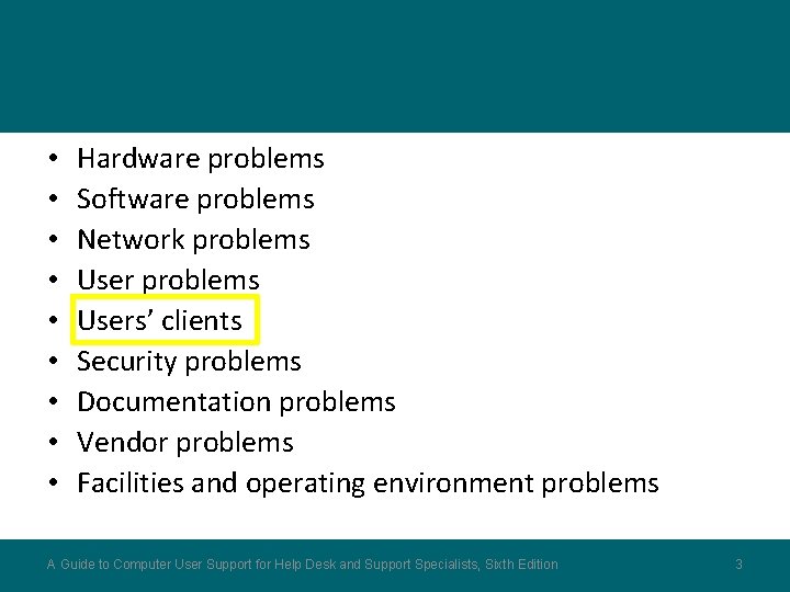  • • • Hardware problems Software problems Network problems Users’ clients Security problems