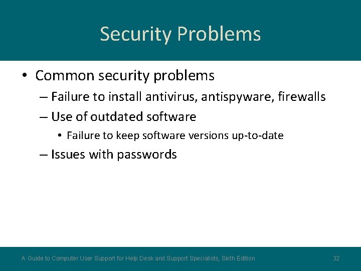 Security Problems • Common security problems – Failure to install antivirus, antispyware, firewalls –